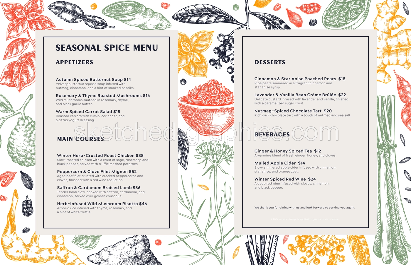 Sketch style restaurant menu design. Hand drawn spices vector illustration. Basil, galangal, cumin, cilantro, tumeric, lemongrass, lime sketches. Herbs background. NOT AI generated Illustration